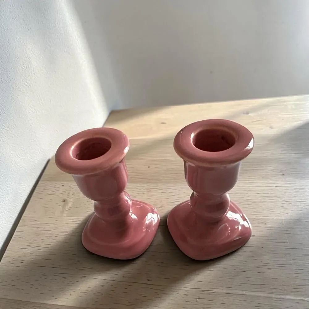 Vintage 1980s Dusty Rose Mauve Ceramic Taper Candlestick Holder Small 3.5”